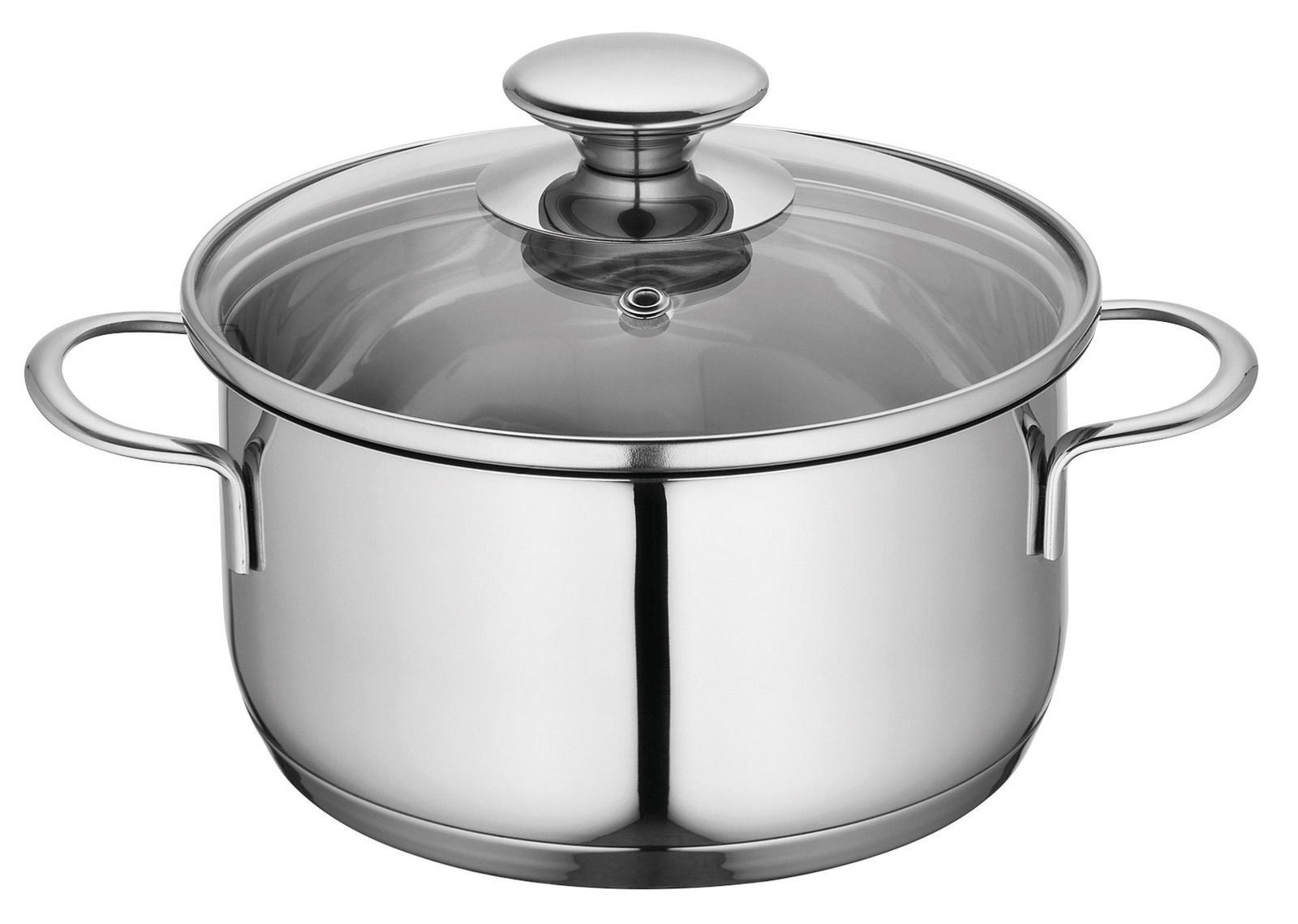 Edelstahl Kochtopf CAPRI, 16 cm, mit Glasdeckel und zwei Griffen, aus leicht erhöhter Perspektive.
