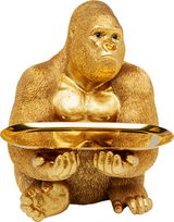 Goldene Deko-Figur eines Gorillas in Butler-Pose mit Tablett, Frontalansicht