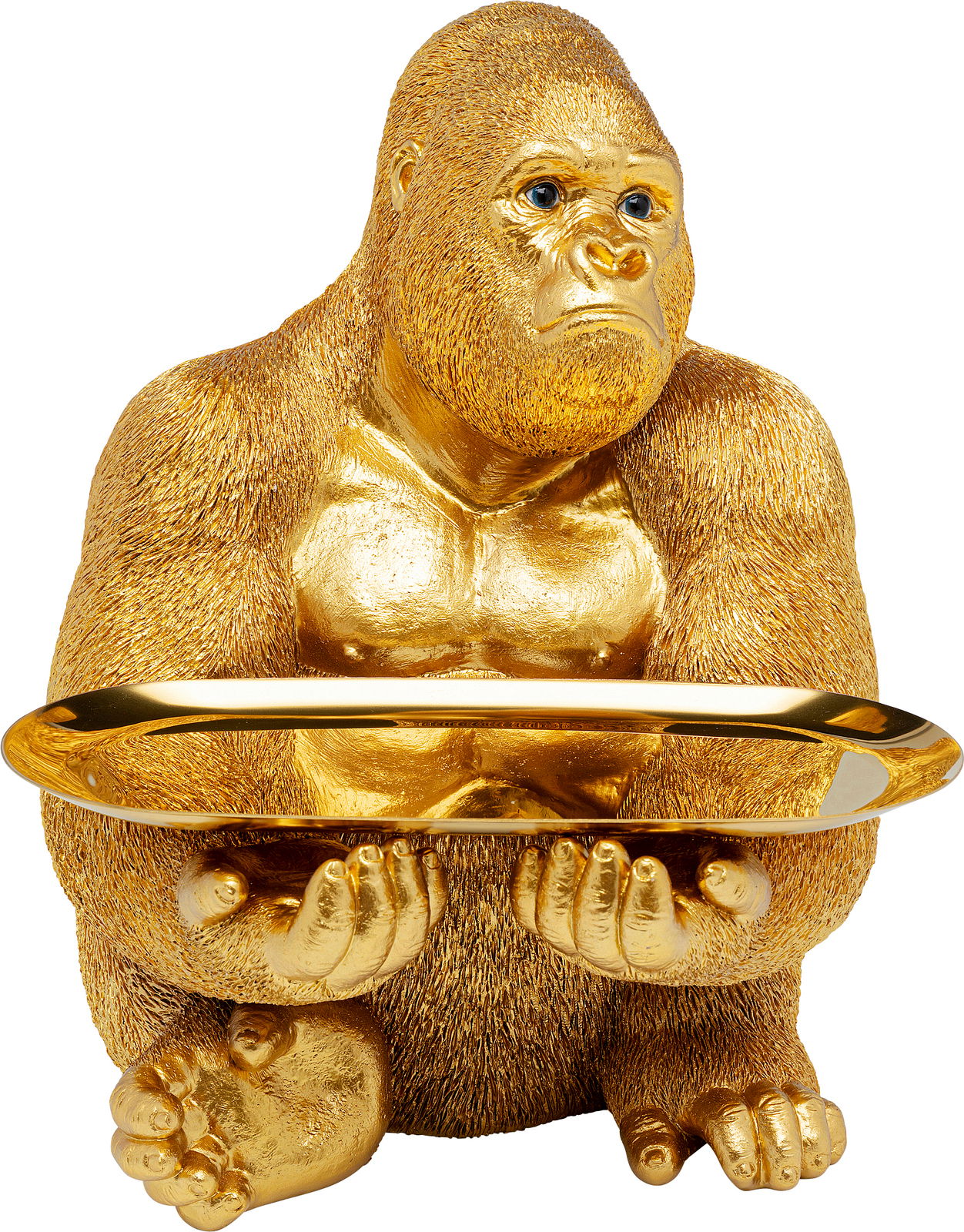 Goldene Deko-Figur eines Gorillas in Butler-Pose mit Tablett, Frontalansicht