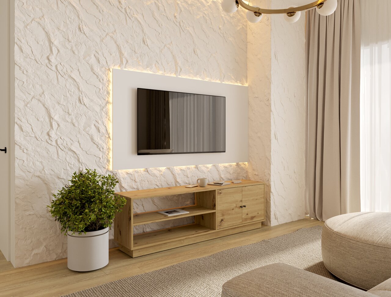 TV-Lowboard aus Holz in einem modernen Wohnzimmer, frontal betrachtet, mit dekorativer Beleuchtung und einem Fernseher an der Wand.
