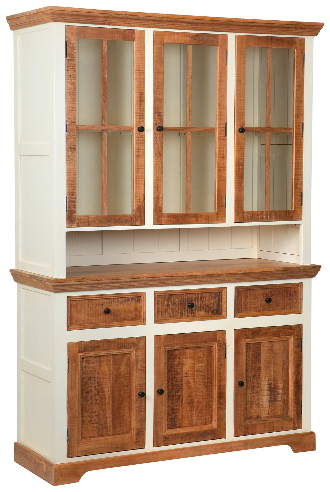 Landscape Vitrinenschrank COTTAGE Vitrinenschrank aus Holz mit Glastüren und Schubladen, seitliche Perspektive