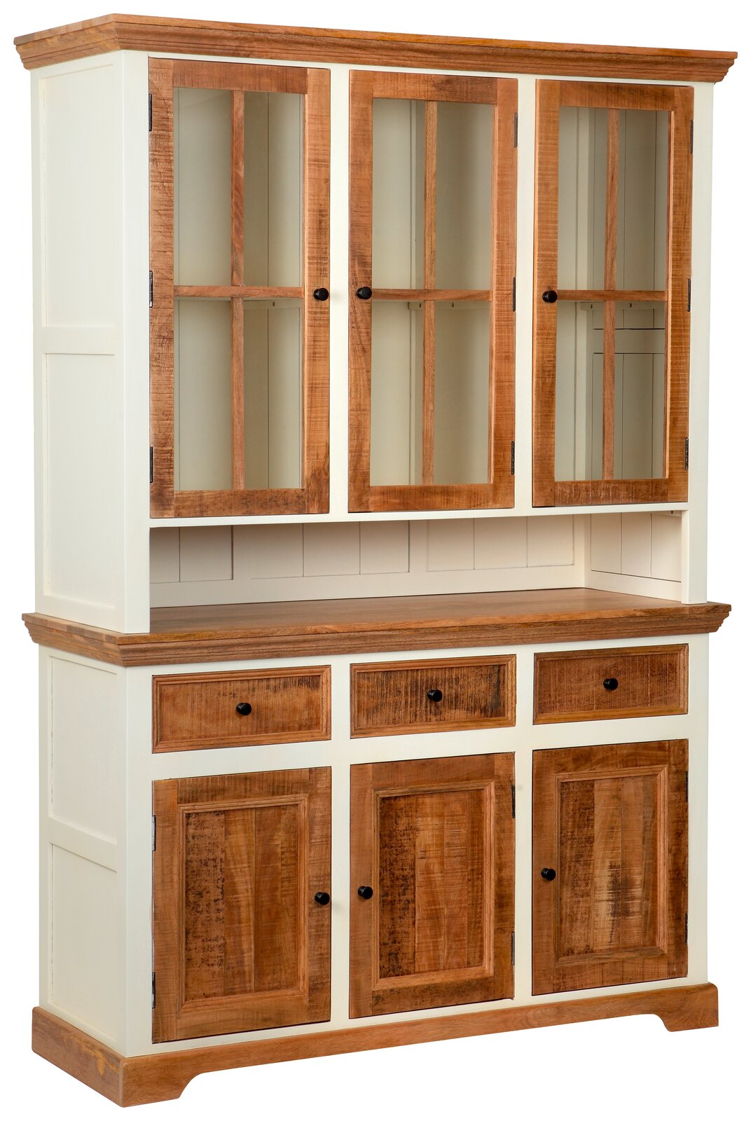 Vitrinenschrank aus Holz mit Glastüren und Schubladen, seitliche Perspektive