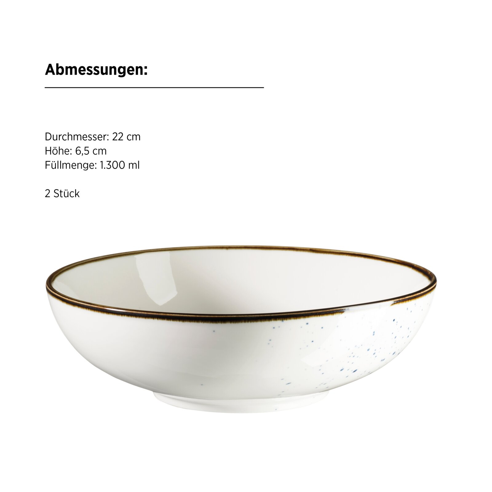 Weiße Keramik-Servierschüssel mit braunem Rand und blauen Sprenkeln (Ø 22 cm, Höhe 6,5 cm, 1.300 ml), freigestellt auf weißem Hintergrund, Frontansicht leicht von oben