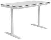 Moderner weißer E-Schreibtisch mit höhenverstellbaren Beinen, seitliche Perspektive