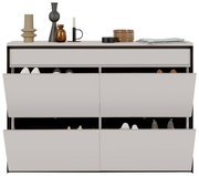 Moderner Hängeschuhschrank mit mehreren offenen Klappen, gefüllt mit Schuhen, und dekorativen Objekten auf der Oberseite, frontal betrachtet.