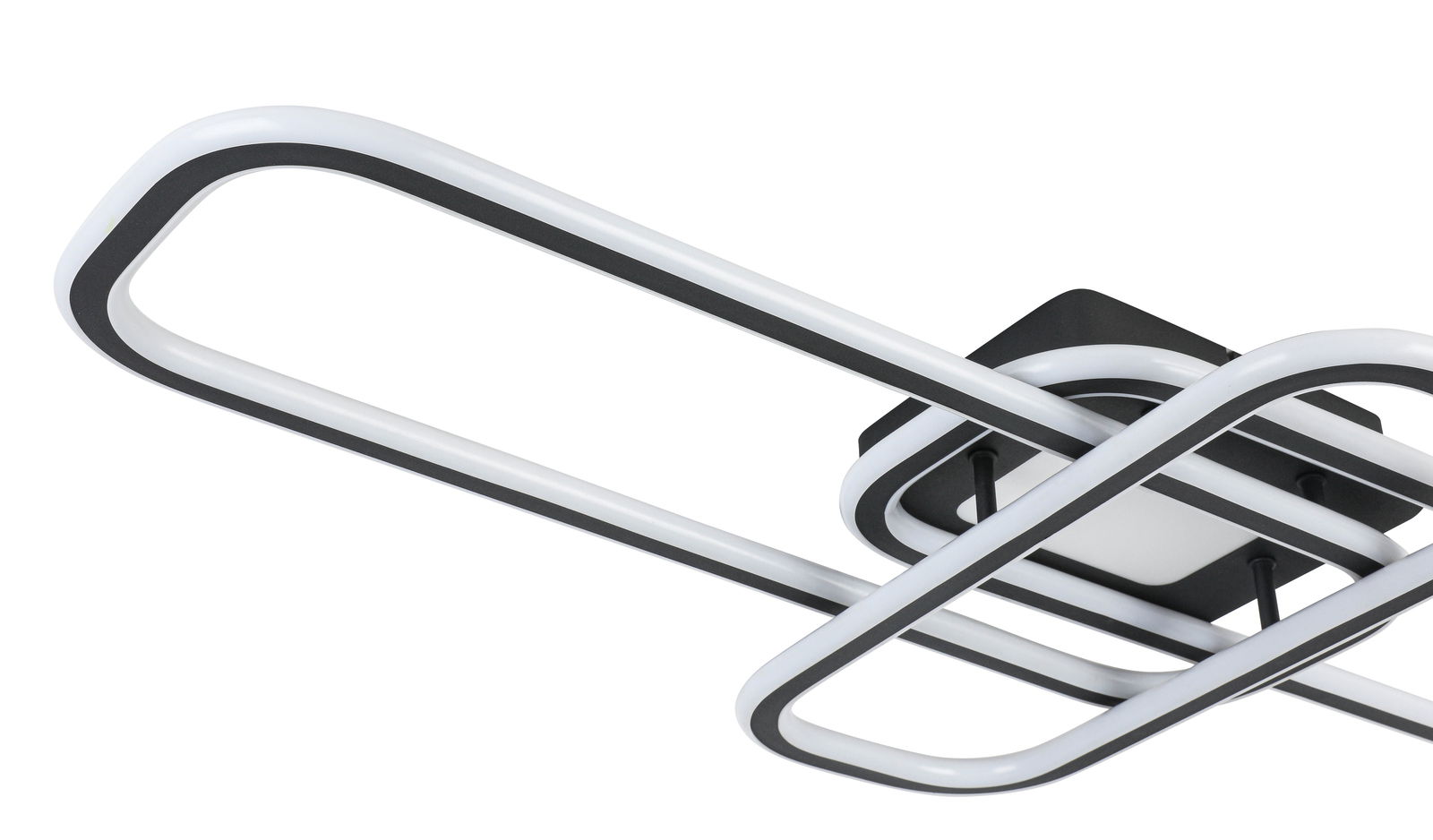 Moderne LED-Deckenleuchte mit geometrischem Design, seitliche Perspektive