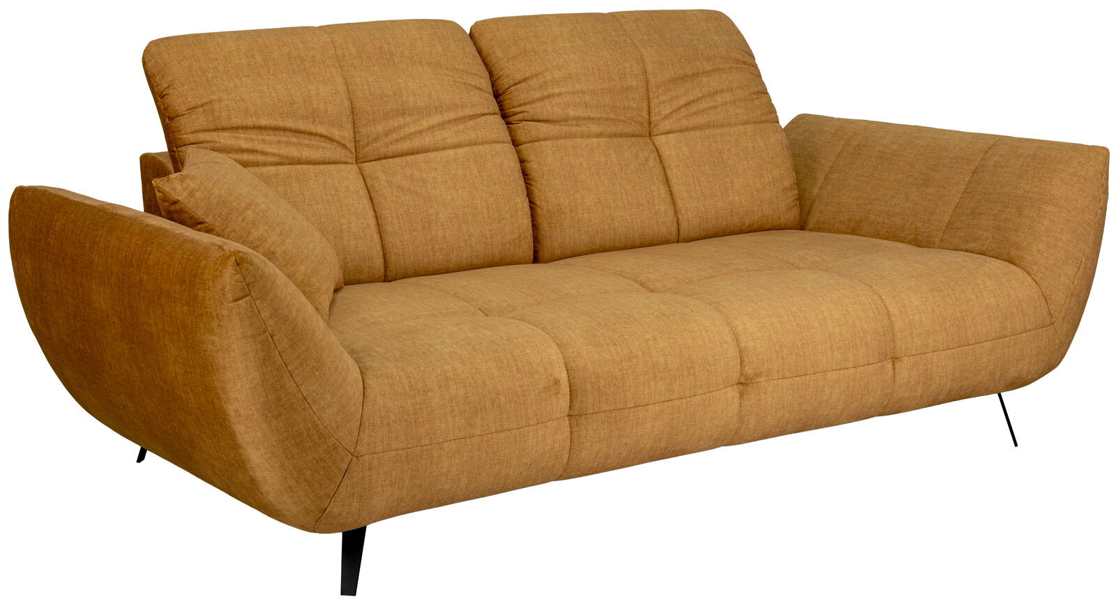 Z2 Sofa 2,5-Sitzer SALVATORE Modernes 2-Sitzer-Sofa in warmem Ocker mit Stoffbezug, gepolsterten Armlehnen, gesteppter Sitz- und Rückenfläche und schwarzen Metallfüßen, in schräger Frontansicht von links freigestellt