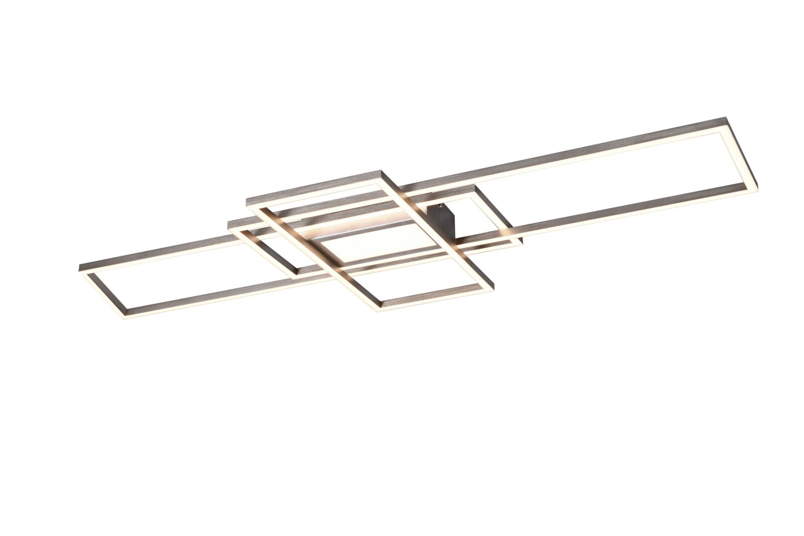 Moderne LED-Deckenleuchte mit überlappenden rechteckigen Lichtrahmen in gebürsteter Metalloptik, warmweiß leuchtend, freigestellt auf weißem Hintergrund, perspektivische Ansicht von schräg unten