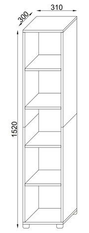 Technische Zeichnung eines schmalen offenen Standregals mit fünf Fächern, Maße ca. 1520 mm Höhe, 310 mm Breite und 300 mm Tiefe, perspektivische Vorderansicht.