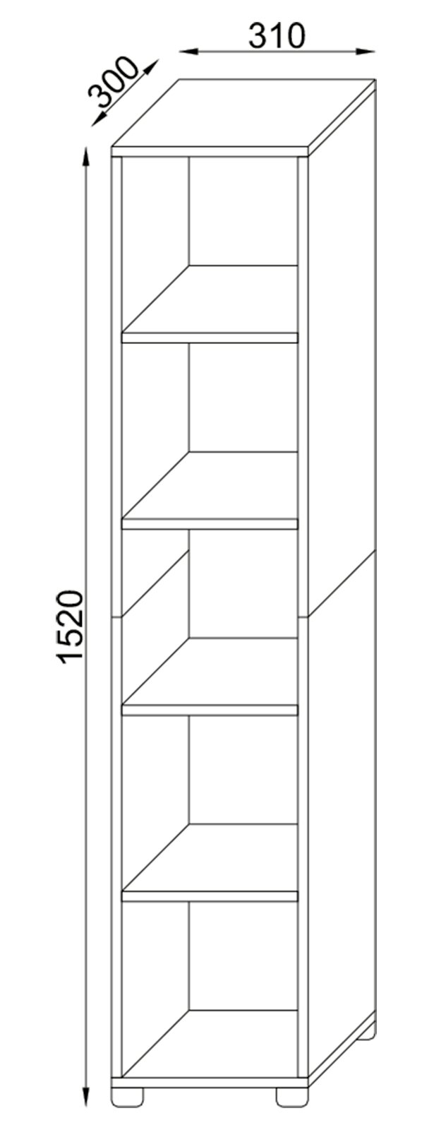 Technische Zeichnung eines schmalen offenen Standregals mit fünf Fächern, Maße ca. 1520 mm Höhe, 310 mm Breite und 300 mm Tiefe, perspektivische Vorderansicht.