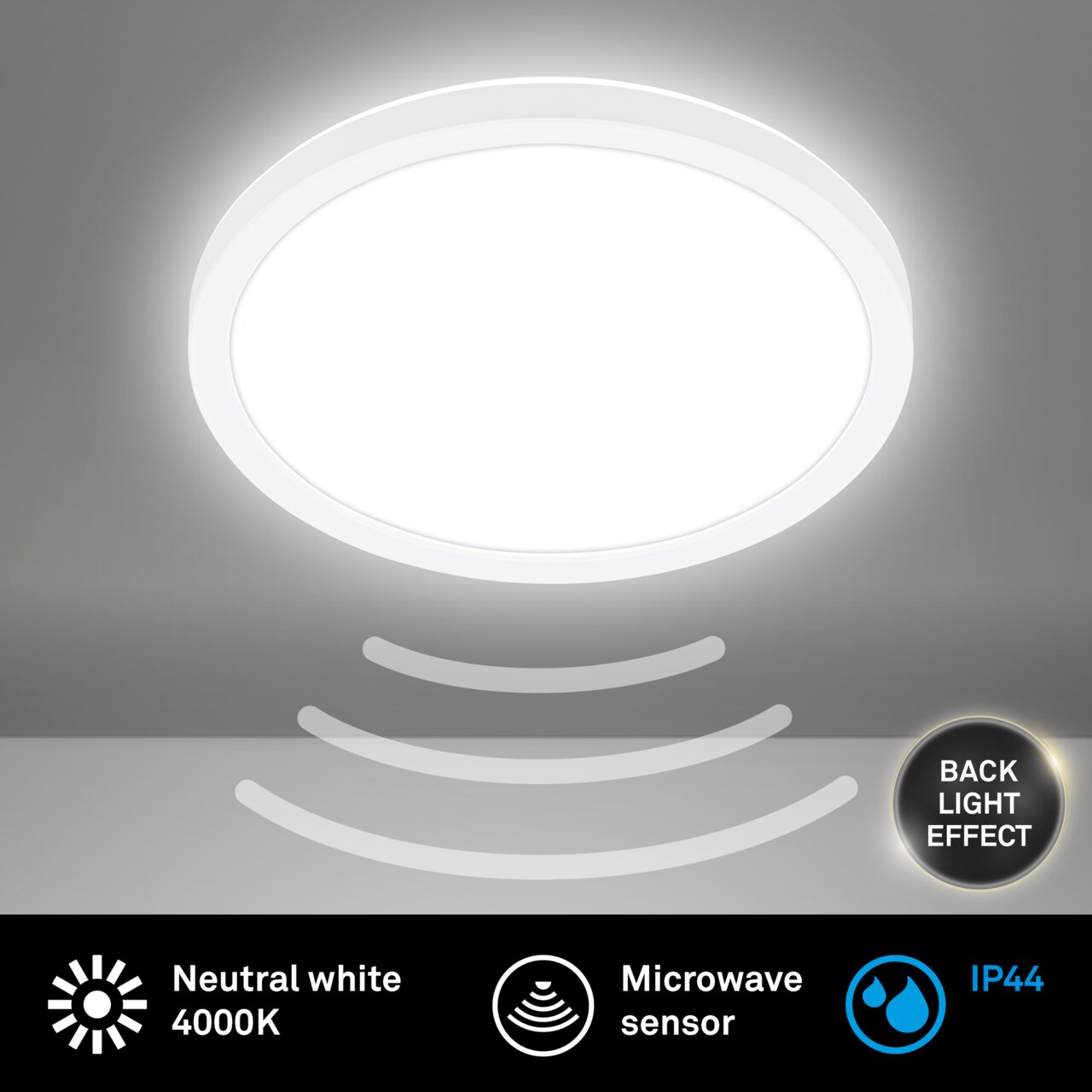 Runde LED-Deckenleuchte mit Bewegungssensor, neutralweißes Licht 4000K, Rücklichteffekt, IP44, Ansicht von unten