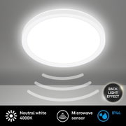 Ronde led-plafondlamp met bewegingssensor, neutraal wit licht 4000 K, achtergrondverlichtingseffect, IP44, aanzicht van onderaf