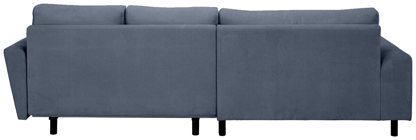 Blaues Stoffsofa mit gepolsterter Rückenlehne und Armlehnen, Rückansicht auf weißem Hintergrund.