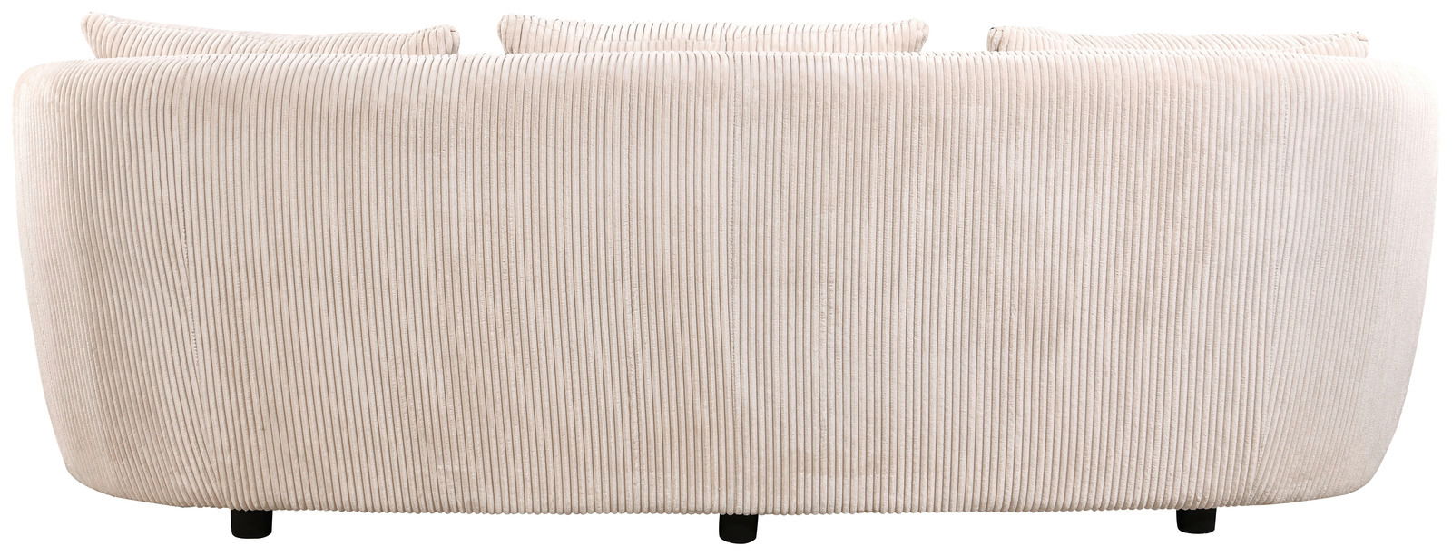 Rückansicht eines beigen 3-Sitzer Sofas mit geripptem Stoffbezug.