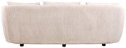 Achterkant van een beige driezitsbank met geribbelde stoffen bekleding.