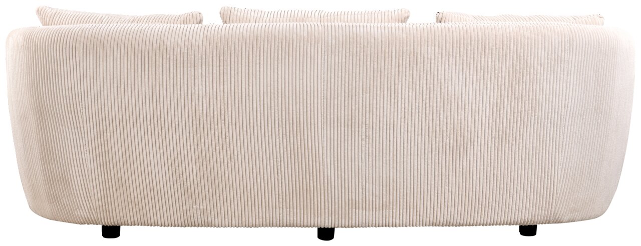 Achterkant van een beige driezitsbank met geribbelde stoffen bekleding.