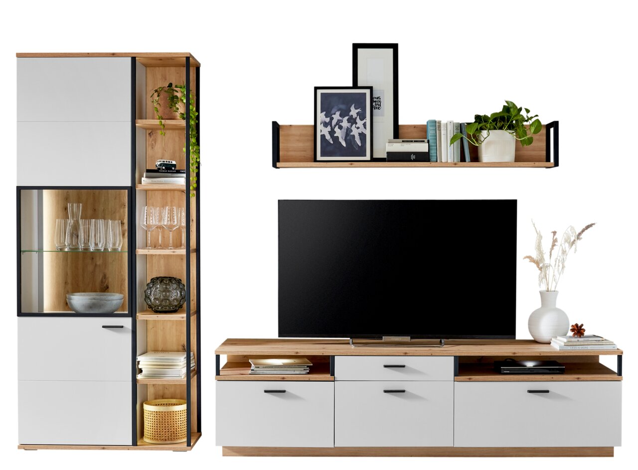 Moderne Wandkombination mit weißem und holzfarbenem Design, bestehend aus einem hohen Schrank mit Glaselementen, einem TV-Board und einem Wandregal, frontal betrachtet.