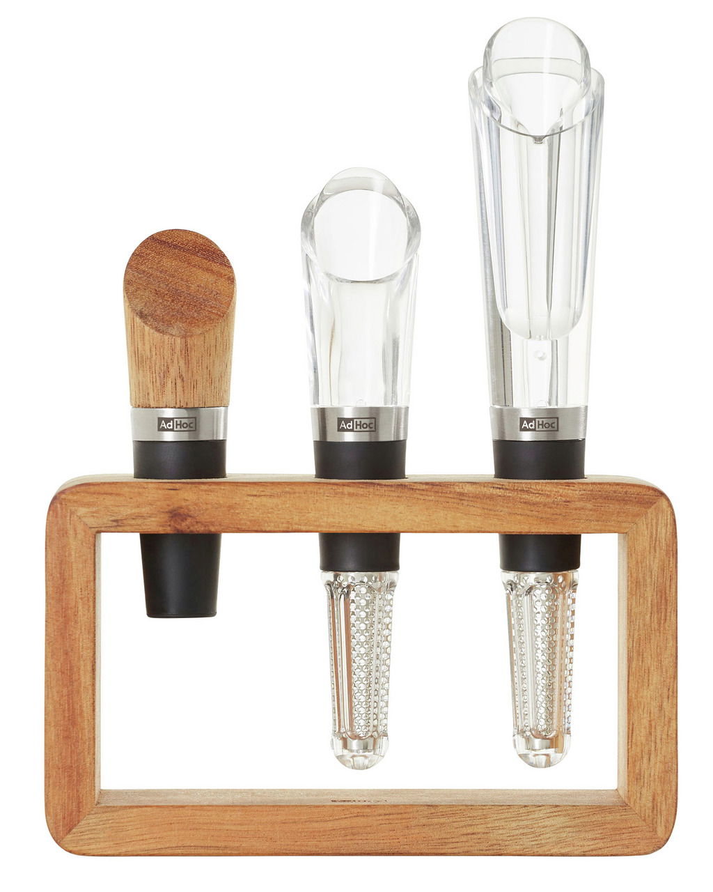 Wein-Genießer-Set Vine, 3-tlg., bestehend aus einem Holzrahmen mit drei Weinaccessoires: einem Flaschenverschluss, einem Weinausgießer und einem Weinausgießer mit Belüfter, frontal abgebildet.