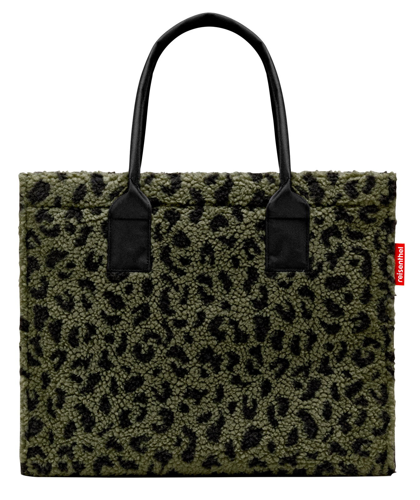 Grüne Shopper-Tasche mit schwarzem Leopardenmuster und schwarzen Griffen, Vorderansicht