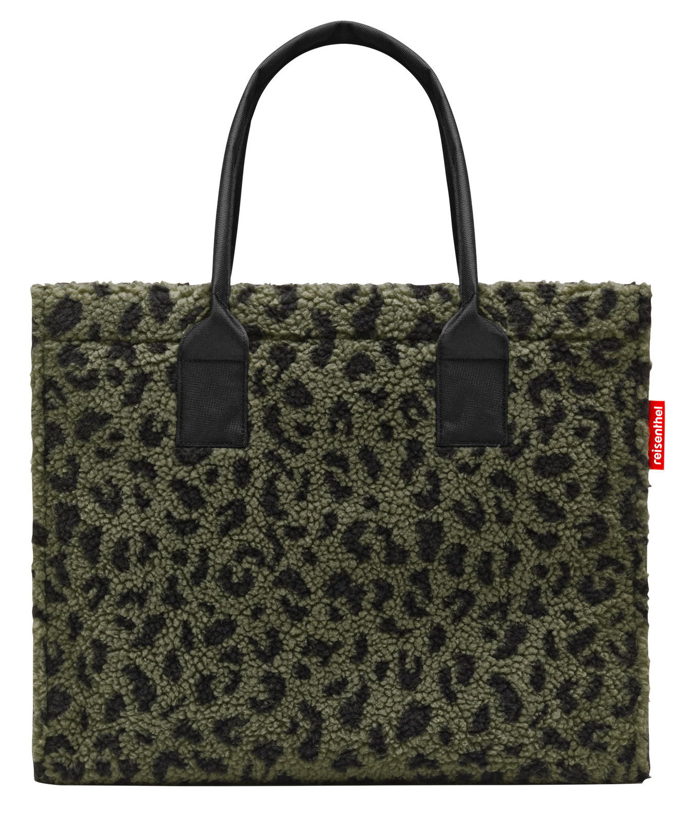 Grüne Shopper-Tasche mit schwarzem Leopardenmuster und schwarzen Griffen, Vorderansicht
