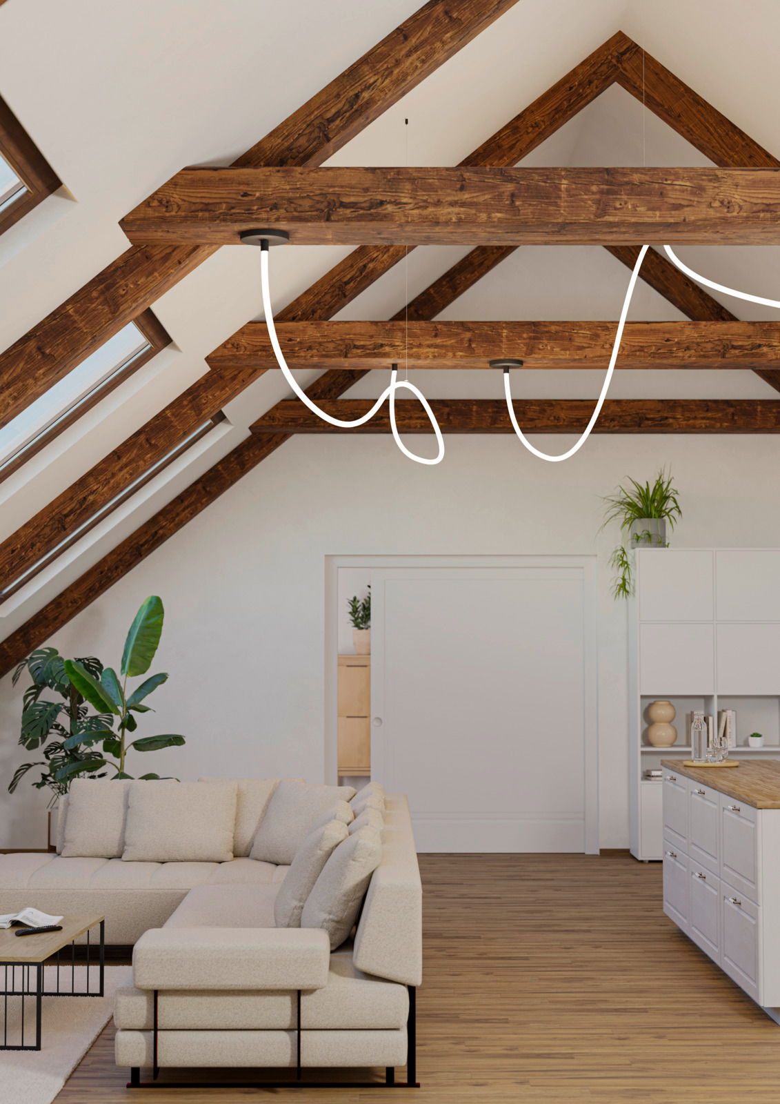 Moderne LED-Lichtschlauch-Installation in einem stilvollen Wohnzimmer mit Holzbalkendecke, aus der Perspektive von unten betrachtet.