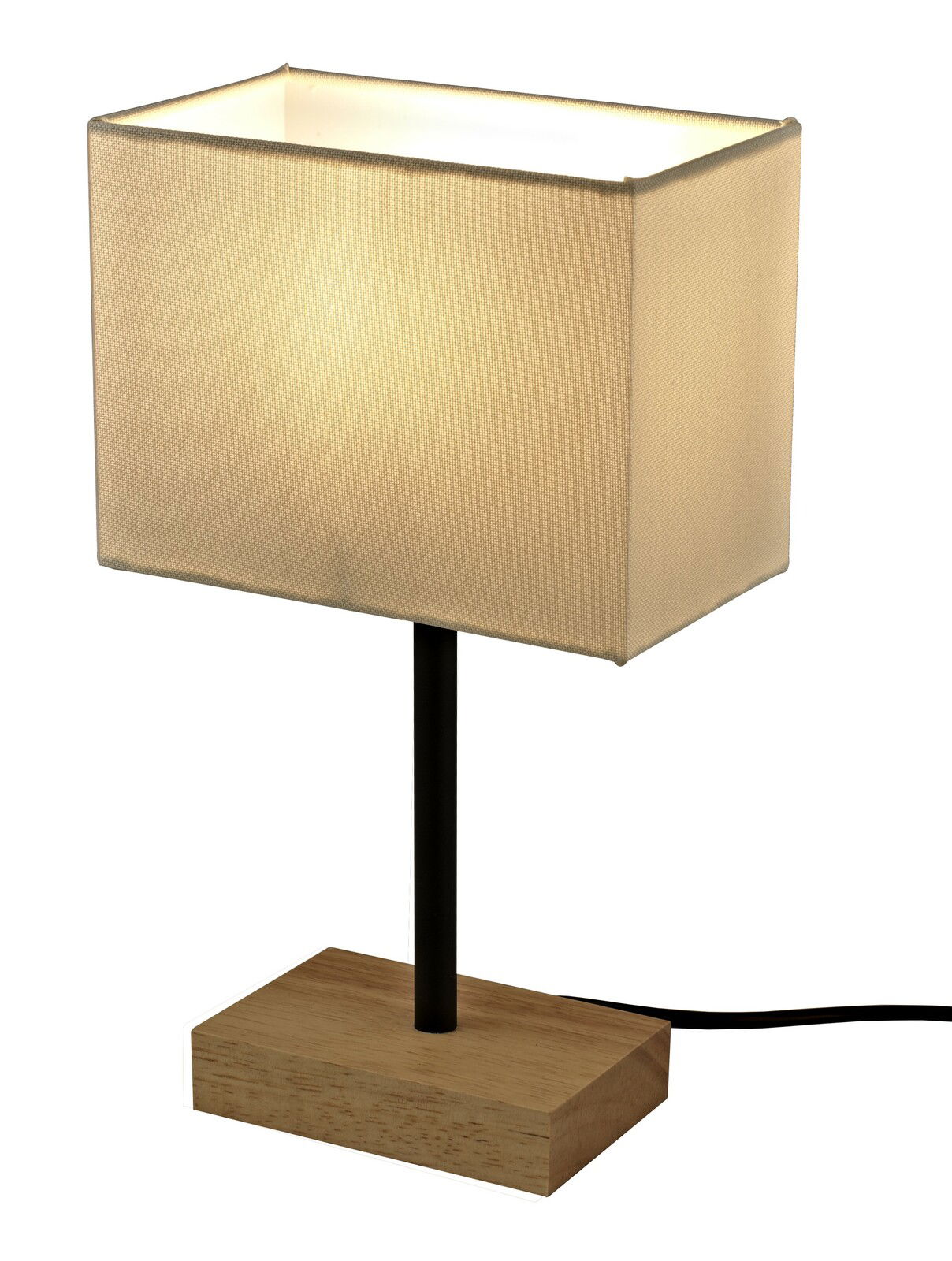 Rechteckige Tischleuchte mit hellem Stoffschirm, schwarzem Ständer und Holzsockel, seitliche Perspektive