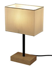 Rechteckige Tischleuchte mit hellem Stoffschirm, schwarzem Ständer und Holzsockel, seitliche Perspektive