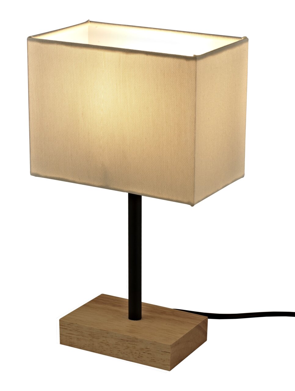 Rechteckige Tischleuchte mit hellem Stoffschirm, schwarzem Ständer und Holzsockel, seitliche Perspektive