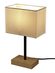 Rechteckige Tischleuchte mit hellem Stoffschirm, schwarzem Ständer und Holzsockel, seitliche Perspektive