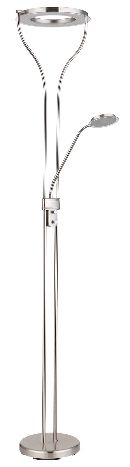 Moderner Deckenfluter aus Metall mit zusätzlichem Leselicht, seitliche Perspektive