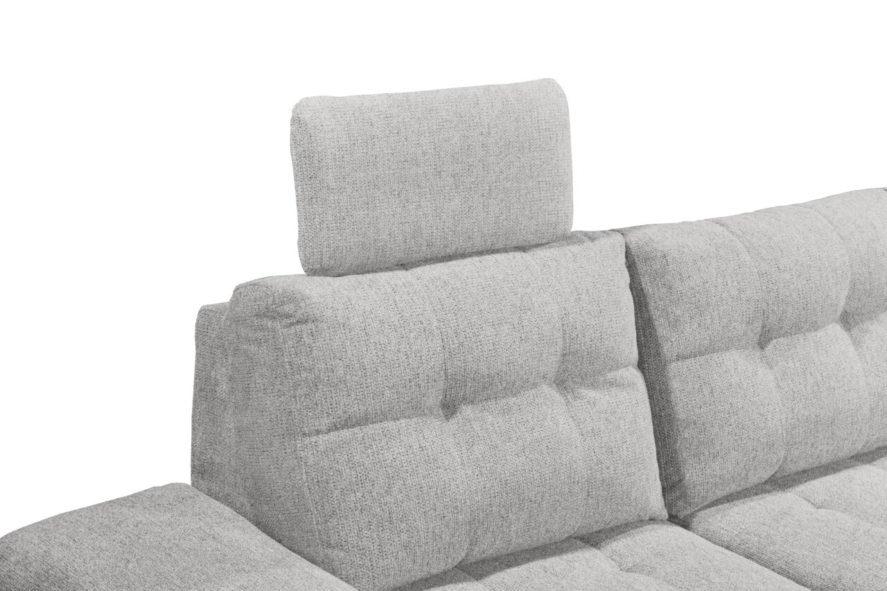 Graues Sofa mit verstellbarer Kopfstütze, seitliche Perspektive