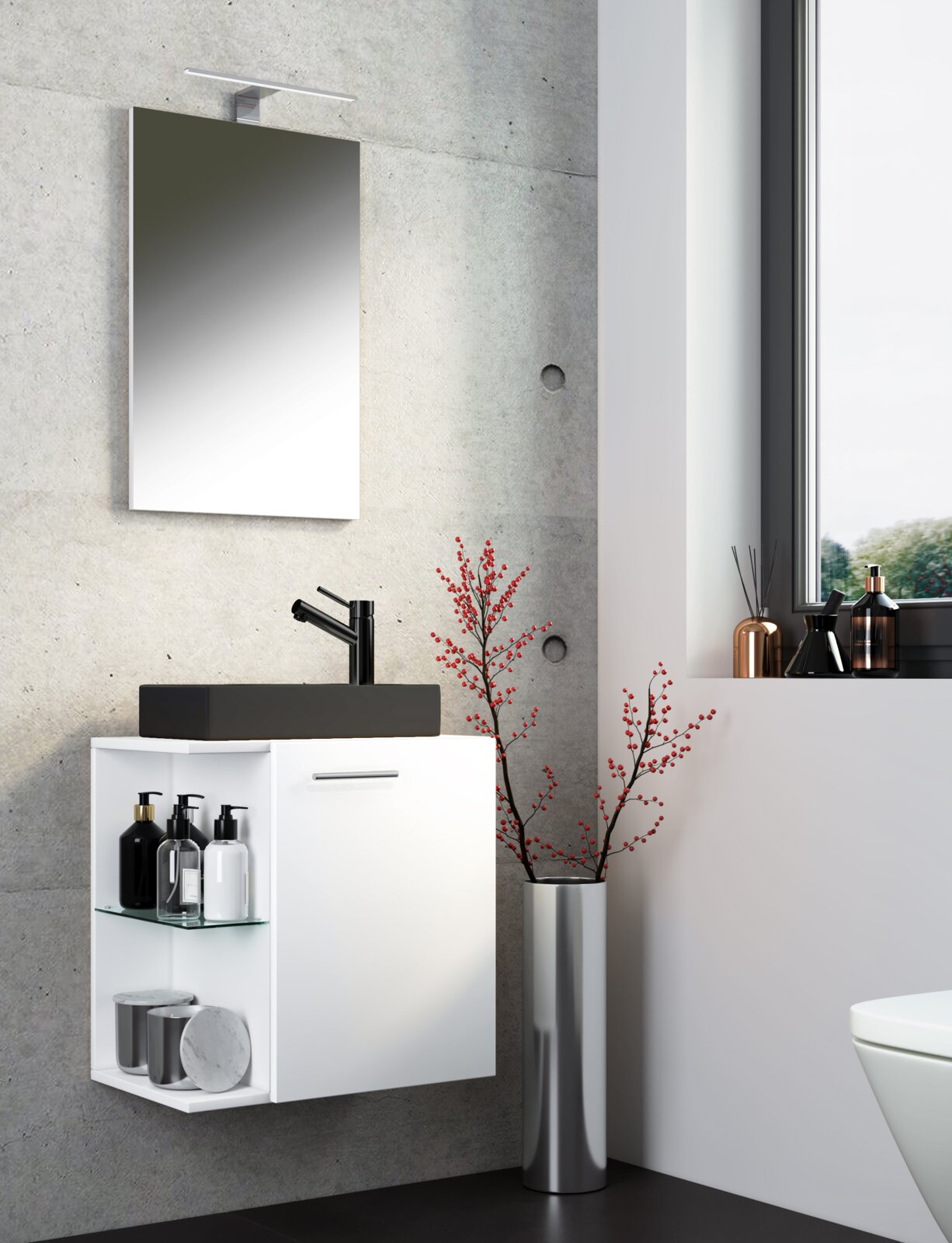 Modernes Badezimmer-Waschplatz-Set mit weißem Hängeschrank und offenen Glasablagen, schwarzem Aufsatzwaschbecken mit schwarzer Armatur sowie rechteckigem Spiegel mit LED-Leuchte, frontal aus leicht seitlicher Perspektive