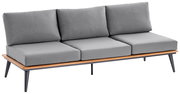 Graue Loungebank 3er mit Holzrahmen und Metallbeinen, seitliche Perspektive