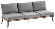 Graue Loungebank 3er mit Holzrahmen und Metallbeinen, seitliche Perspektive