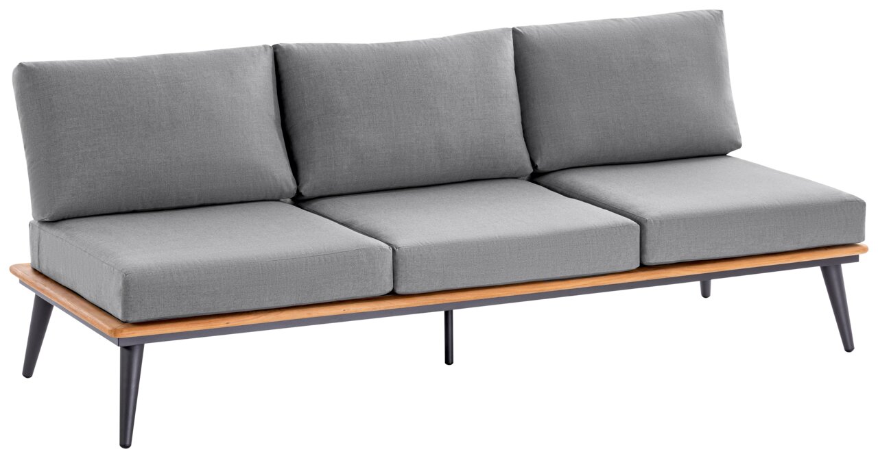 Graue Loungebank 3er mit Holzrahmen und Metallbeinen, seitliche Perspektive