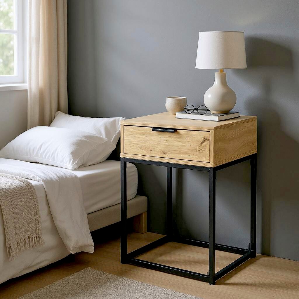 Moderner Nachttisch aus hellem Holz mit Schublade auf schwarzem Metallgestell neben einem Bett, darauf Lampe, Buch, Brille und Becher; Perspektive: leicht seitliche Frontansicht auf Augenhöhe.