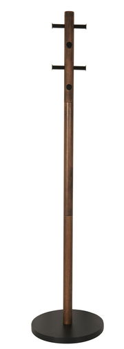 Moderner Garderobenständer aus Holz mit runder Basis und mehreren Haken, frontal betrachtet.