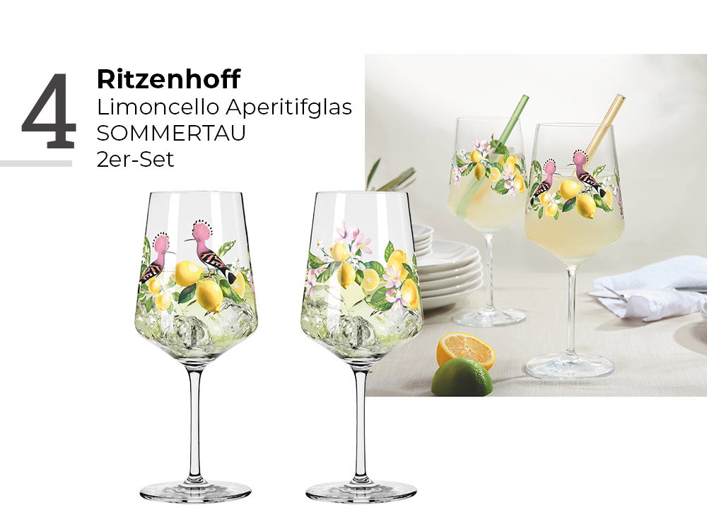 Ritzenhoff Limoncello-Aperitifgläser „Sommertau“ im 2er-Set mit Zitronen- und floralen Motiven, spülmaschinenfest