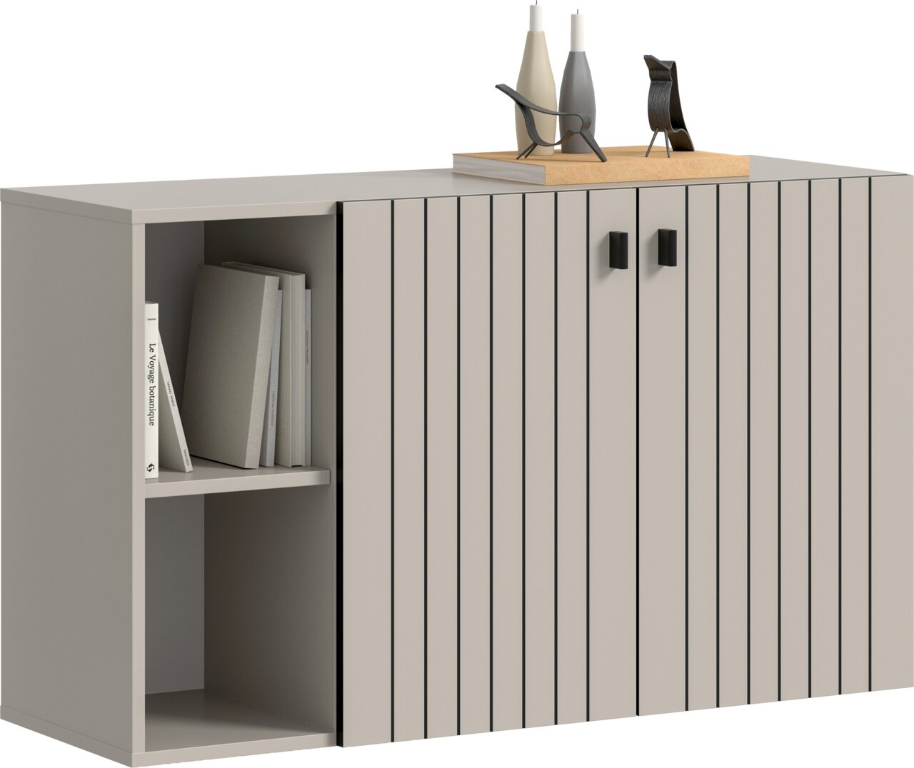MID.YOU Schuhschrank STATION Modernes Sideboard in Hellgrau mit gerillten Schranktüren und schwarzen Griffen, links offenes Regal mit Büchern; Perspektive: frontale Ansicht leicht von links/oben vor weißem Hintergrund