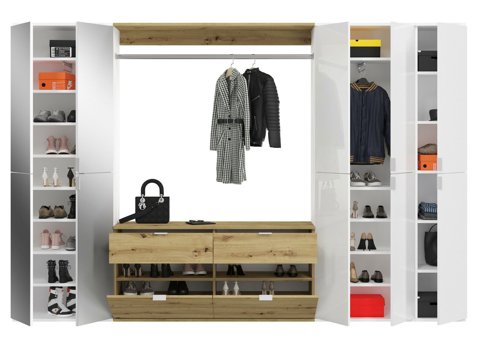 Garderobenkombination in Frontansicht mit offenen Schränken, Kleiderstange und Schuhregalen, in Weiß und Holzoptik.