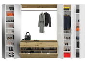 Garderobenkombination in Frontansicht mit offenen Schränken, Kleiderstange und Schuhregalen, in Weiß und Holzoptik.
