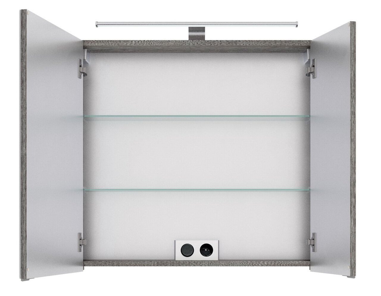 Offener Spiegelschrank mit zwei Glaseinlegeböden und integrierter Beleuchtung, Frontalansicht