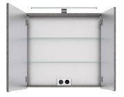 Offener Spiegelschrank mit zwei Glaseinlegeböden und integrierter Beleuchtung, Frontalansicht