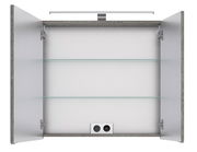 Offener Spiegelschrank mit zwei Glaseinlegeböden und integrierter Beleuchtung, Frontalansicht