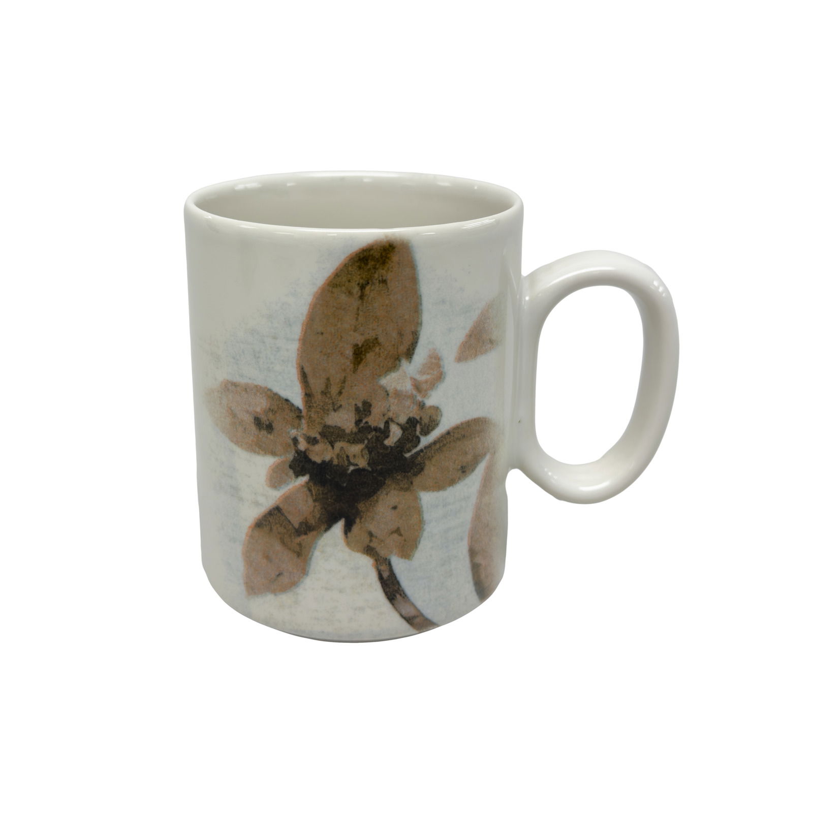 Keramiktasse mit floralem Design, seitliche Perspektive