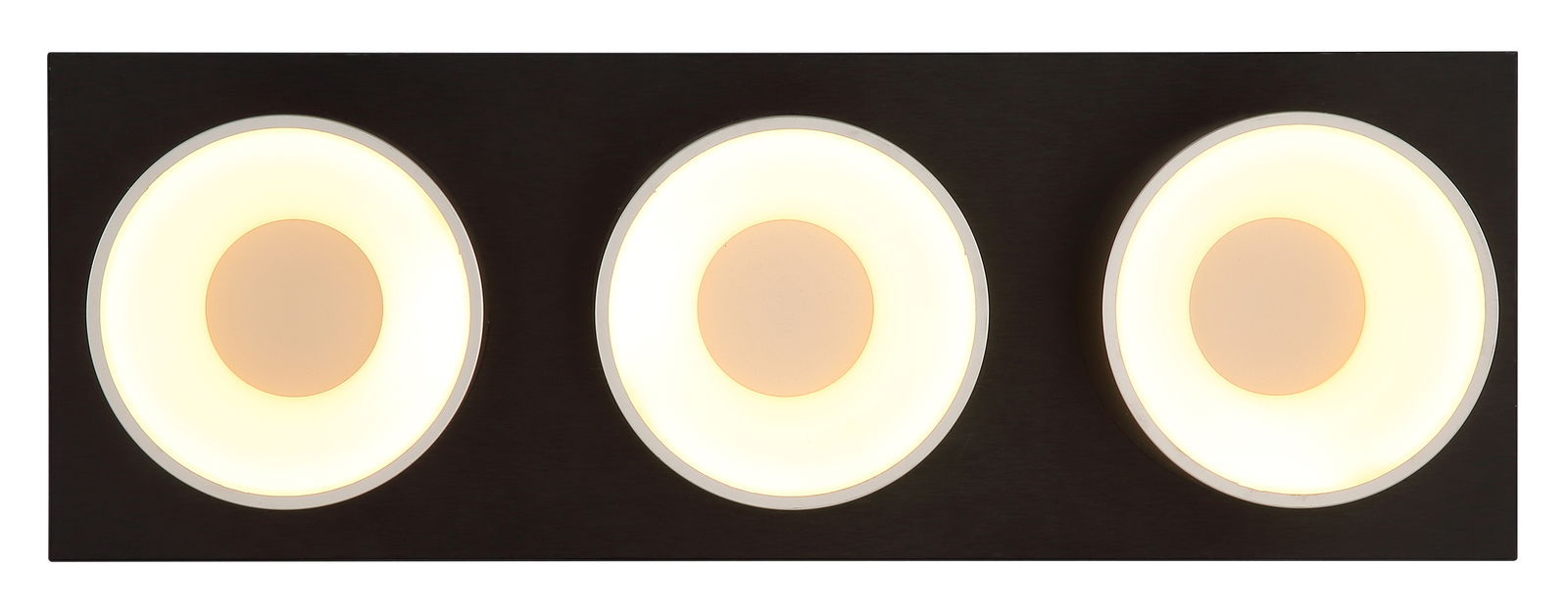 Moderne Deckenleuchte mit drei runden, leuchtenden Elementen in einer rechteckigen Anordnung, Ansicht von vorne.