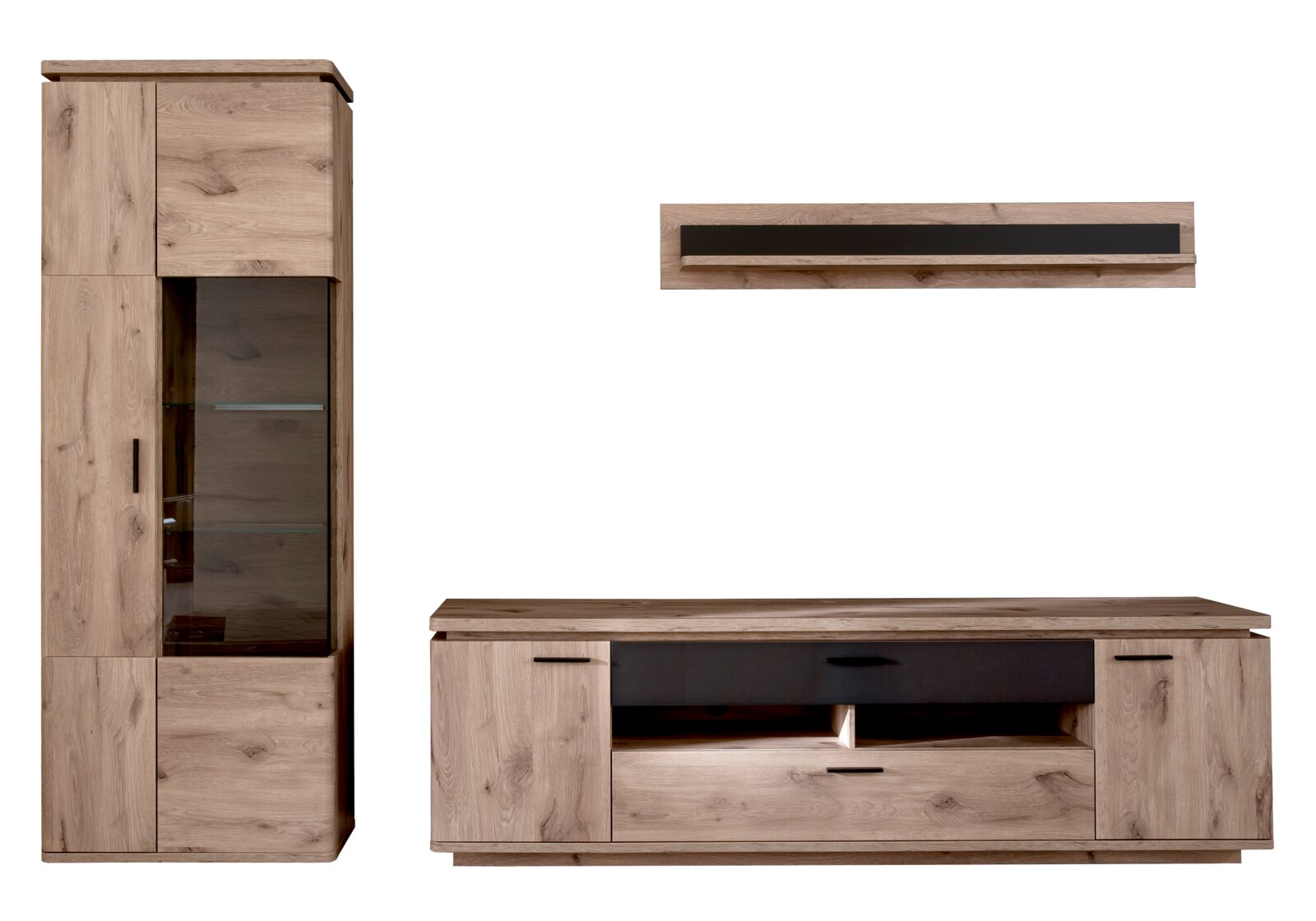 Zurbrüggen Wandcombinatie MODENA Wohnwand-Set aus Holzoptik in Eiche mit Vitrine, TV-Lowboard und Wandboard, Frontansicht auf weißem Hintergrund