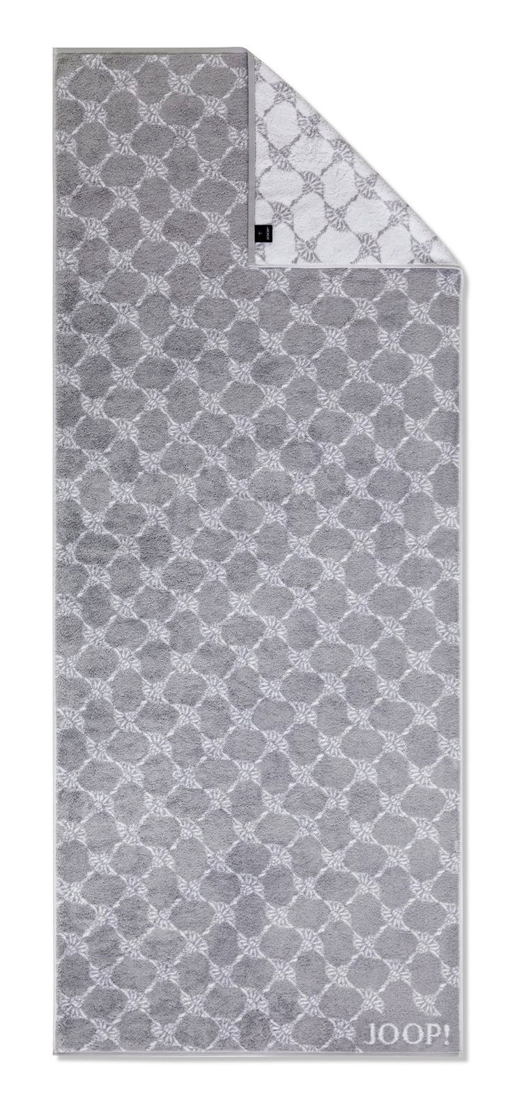 JOOP! Saunahanddoek 80x200 CORNFLOWER CLASSIC Graues Saunatuch mit geometrischem Muster und JOOP!-Logo, von oben fotografiert.