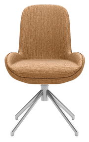 Moderner Stuhl mit braunem Stoffbezug und silbernem Metallgestell, Frontalansicht