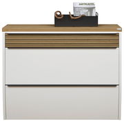 Frontansicht eines XL-Hängeschuhschranks mit LED, weiß mit Holzdetails und Zeitschriftenhalter auf der Oberseite.